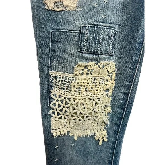 Sundance Magnolia Straight Leg Jeans Boho Lace Patches Embroidered Sz 27 Altered - Picture 5 of 9